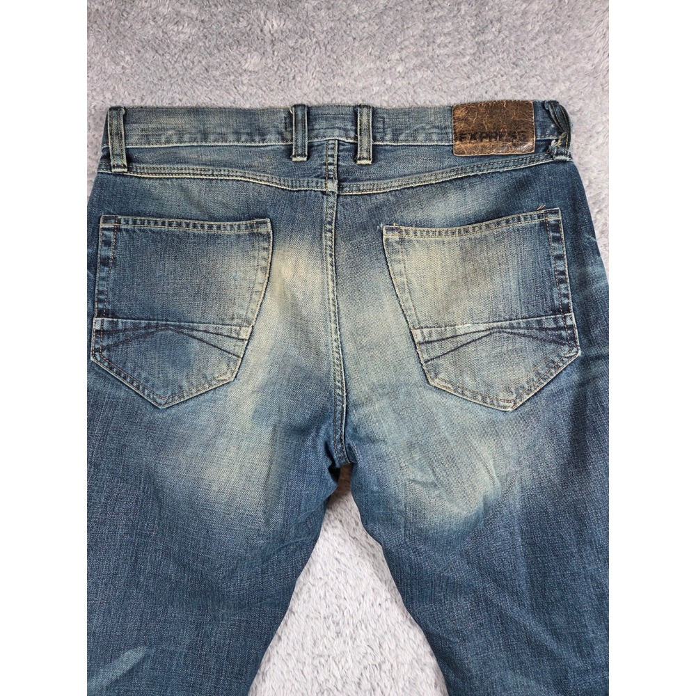 Express Jeans Kingston Tapered Leg 32x30 Blue Mens Classic Fit Distressed Denim - Picture 4 of 11